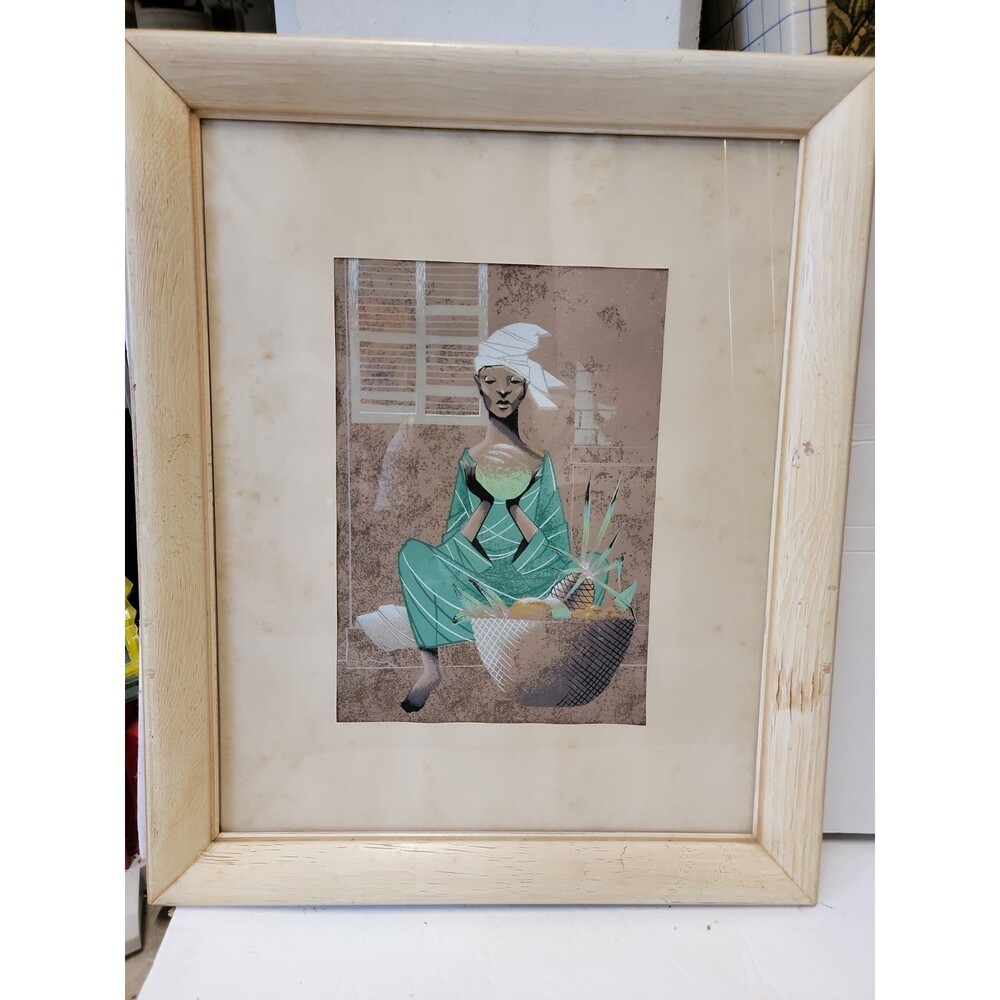 Vintage Mission Hand Prints Framed Woman w Fruit Basket Serigraph MCM Art 23x19